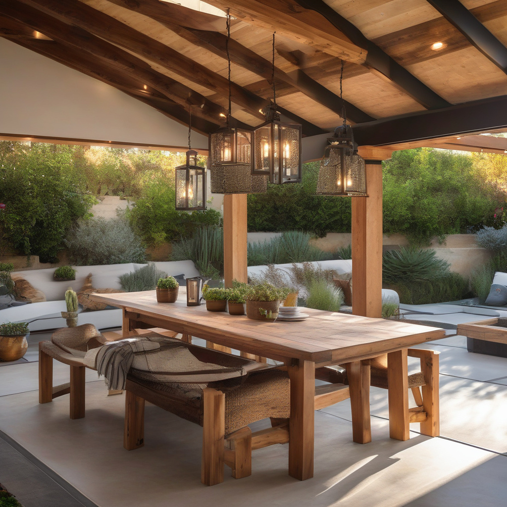 Covered Patio Dining Area Los Angeles Covered patio with wood ceiling and dining table Los Angeles backyard