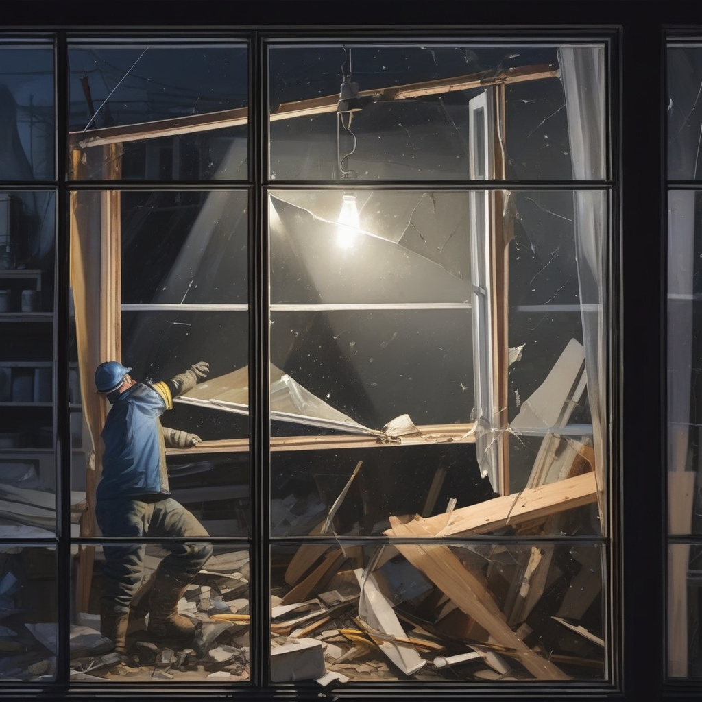 Emergency Window Repair in Los Angeles emergency window repair Los Angeles team replacing broken glass at night