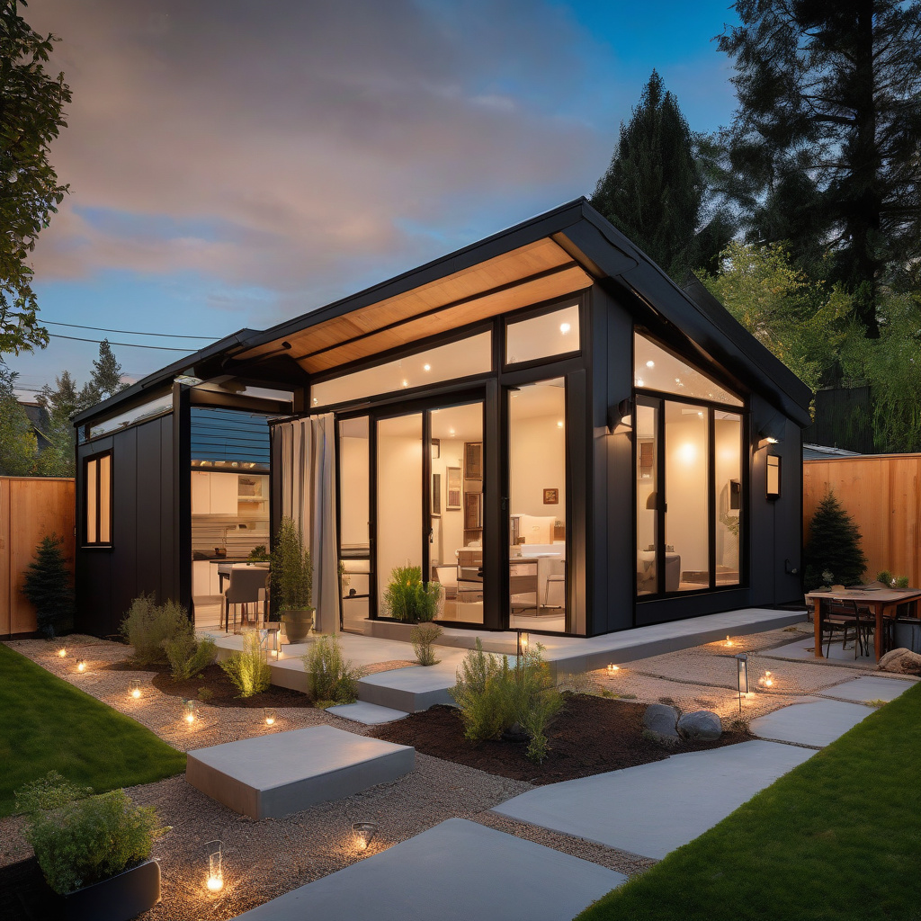 modern finished ADU with patio at sunset